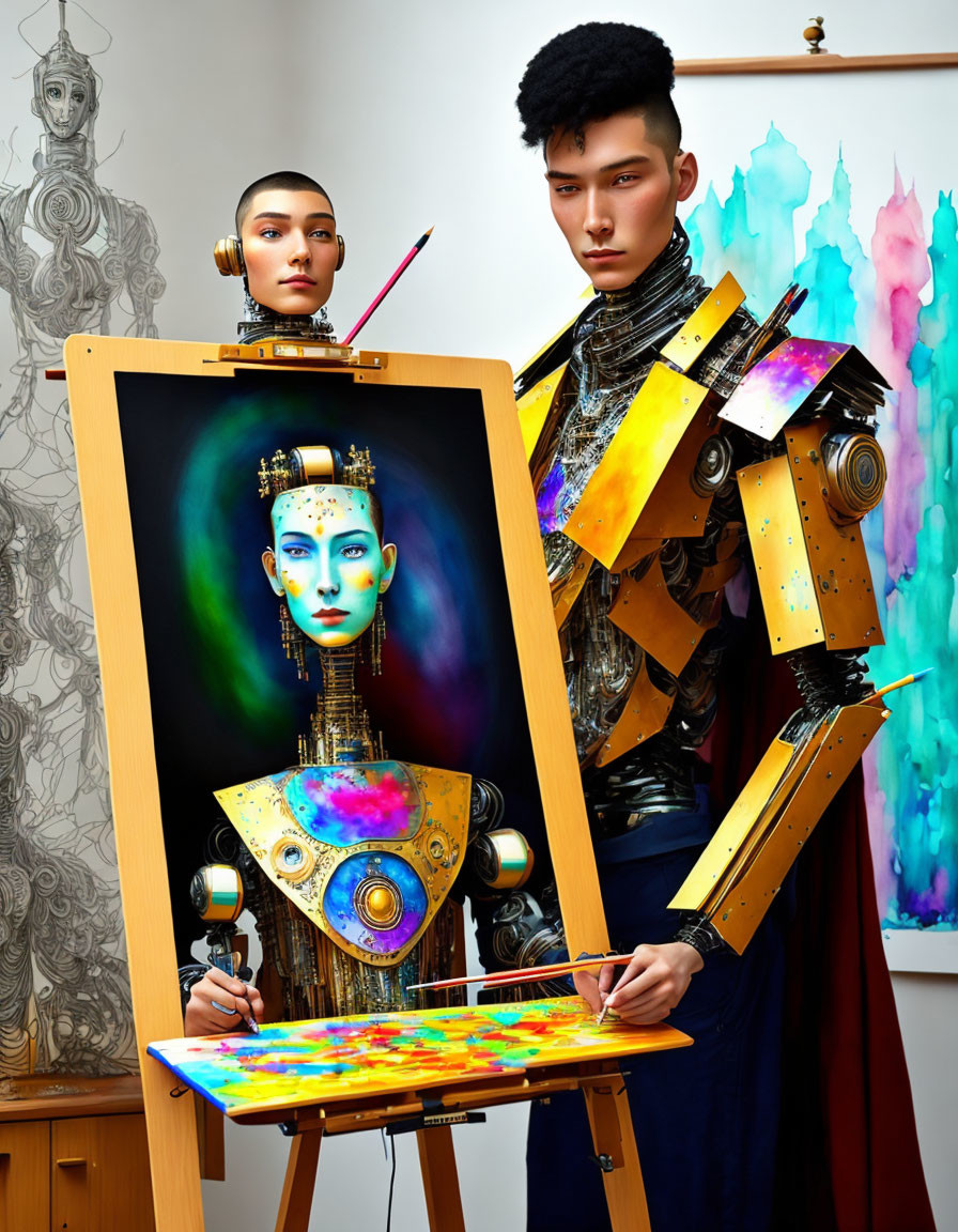 Stylish individuals posing with painting on easel in colorful art scene