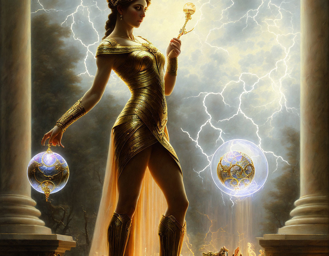 Golden-armored woman with staff and orbs in lightning backdrop