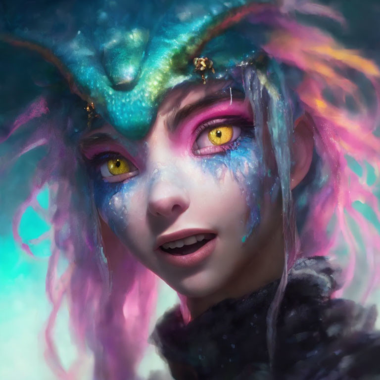 Vibrant portrait of creature with yellow eyes, pink hair, blue skin