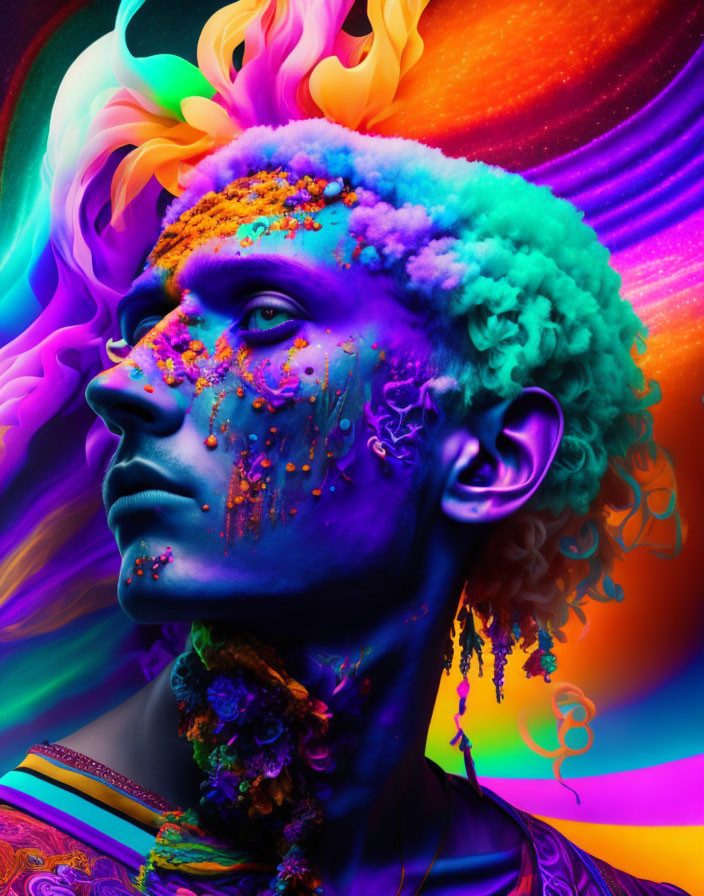 Colorful Digital Portrait with Paint Splashes and Floral Elements