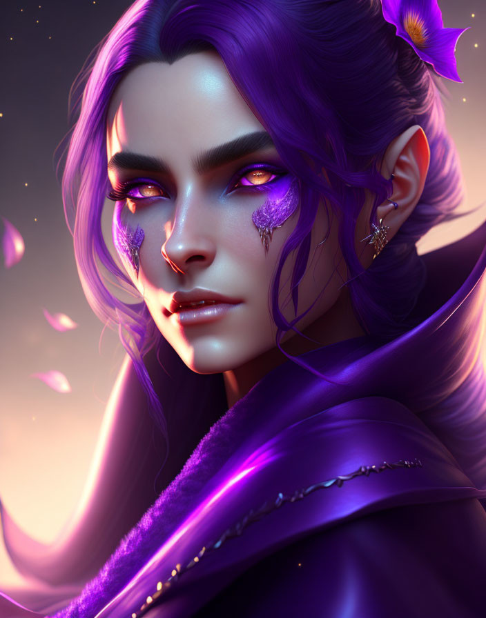 Fantasy character digital art: purple hair, golden eyes, crystal tears, gold earrings, purple cloak