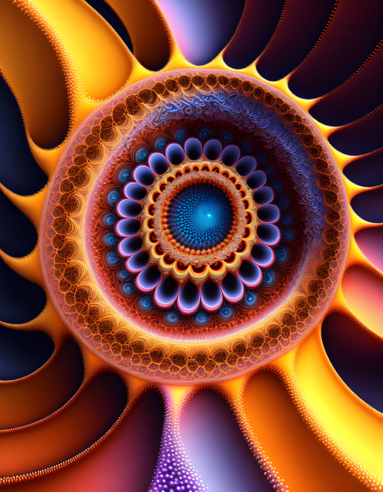 Colorful Fractal Art: Blue to Orange Circles with Central Eye Pattern