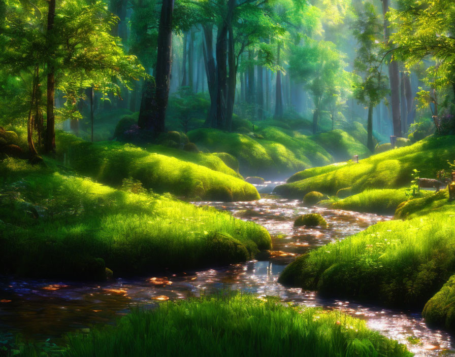 Sunlit Forest with Serene Stream and Verdant Trees