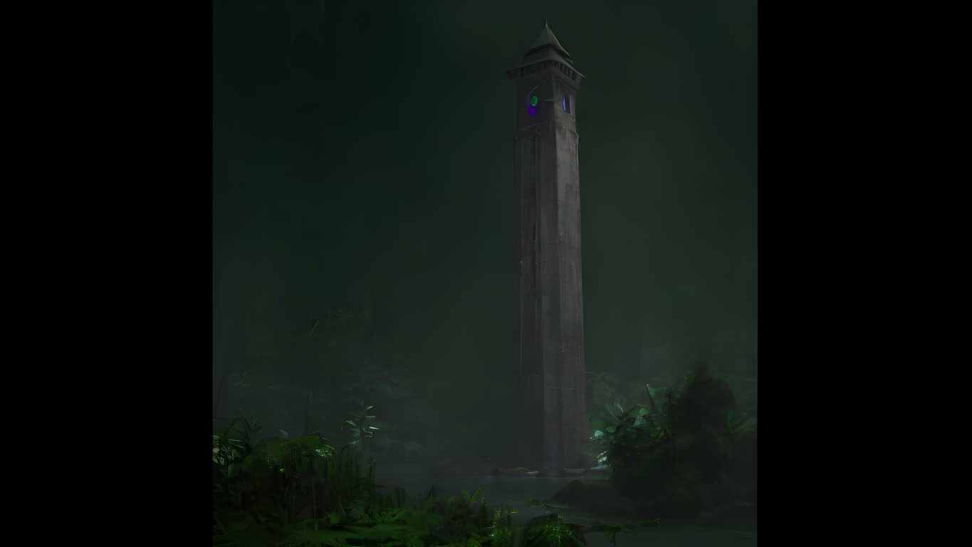 Tall stone tower in mist with glowing purple window, dark green forest, dusky sky