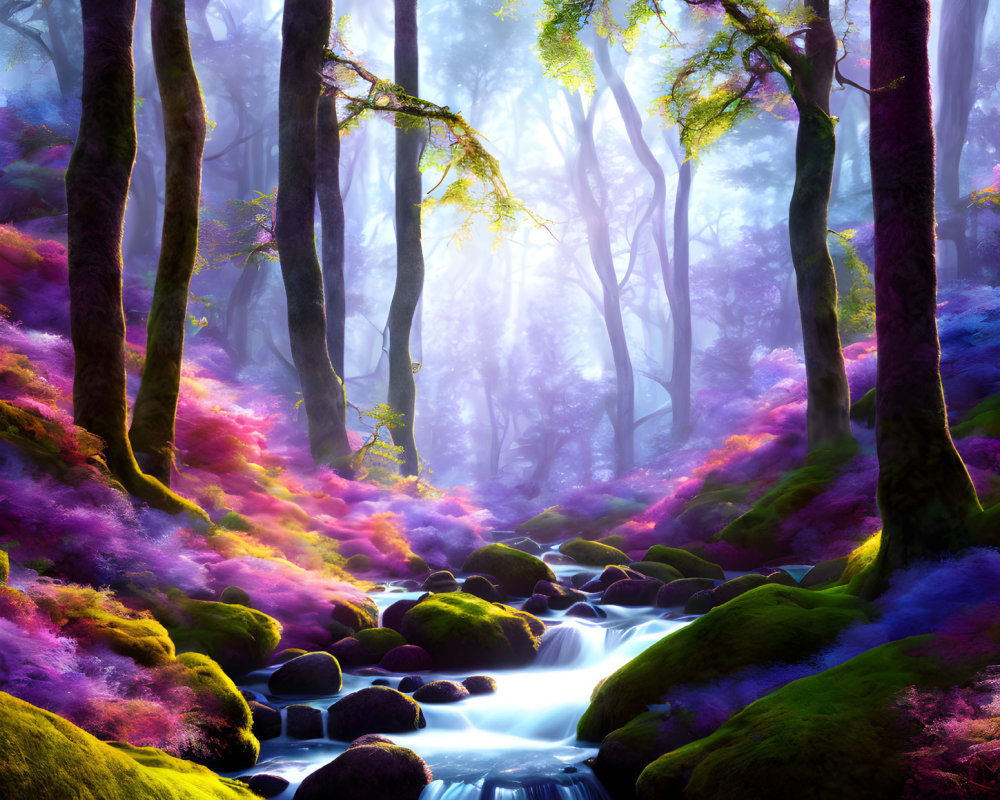 Mystical Forest with Purple Foliage, Stream, and Sunlit Trees