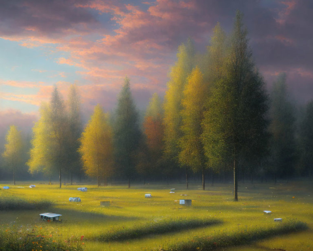 Ethereal sunrise landscape with autumn trees and bee boxes