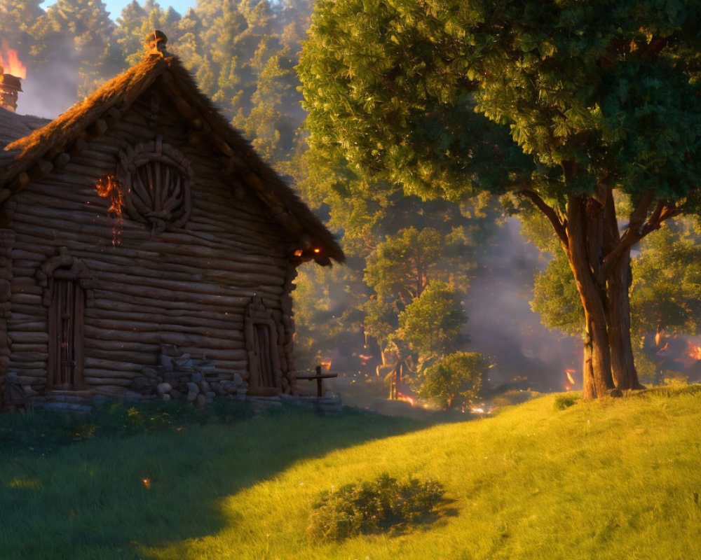 Rustic log cabin in lush tree setting at sunrise or sunset