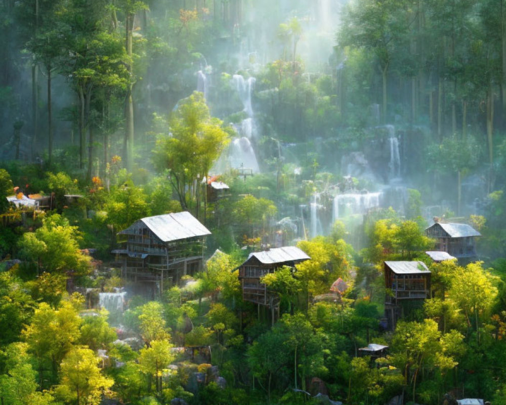 Tranquil forest scene with waterfalls, sunlight, and wooden houses