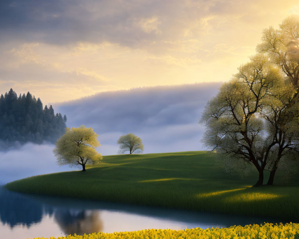 Scenic sunrise landscape: green hill, yellow flowers, misty lake, and foggy forest.