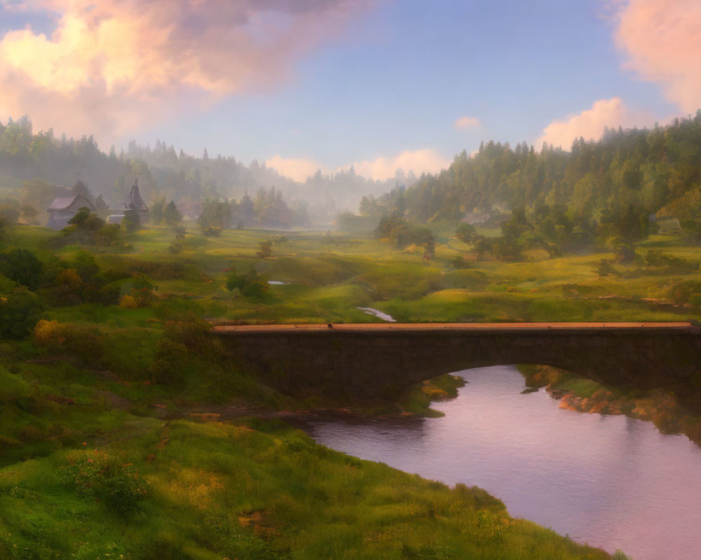 Tranquil landscape with stone bridge, cottages, and soft glowing light