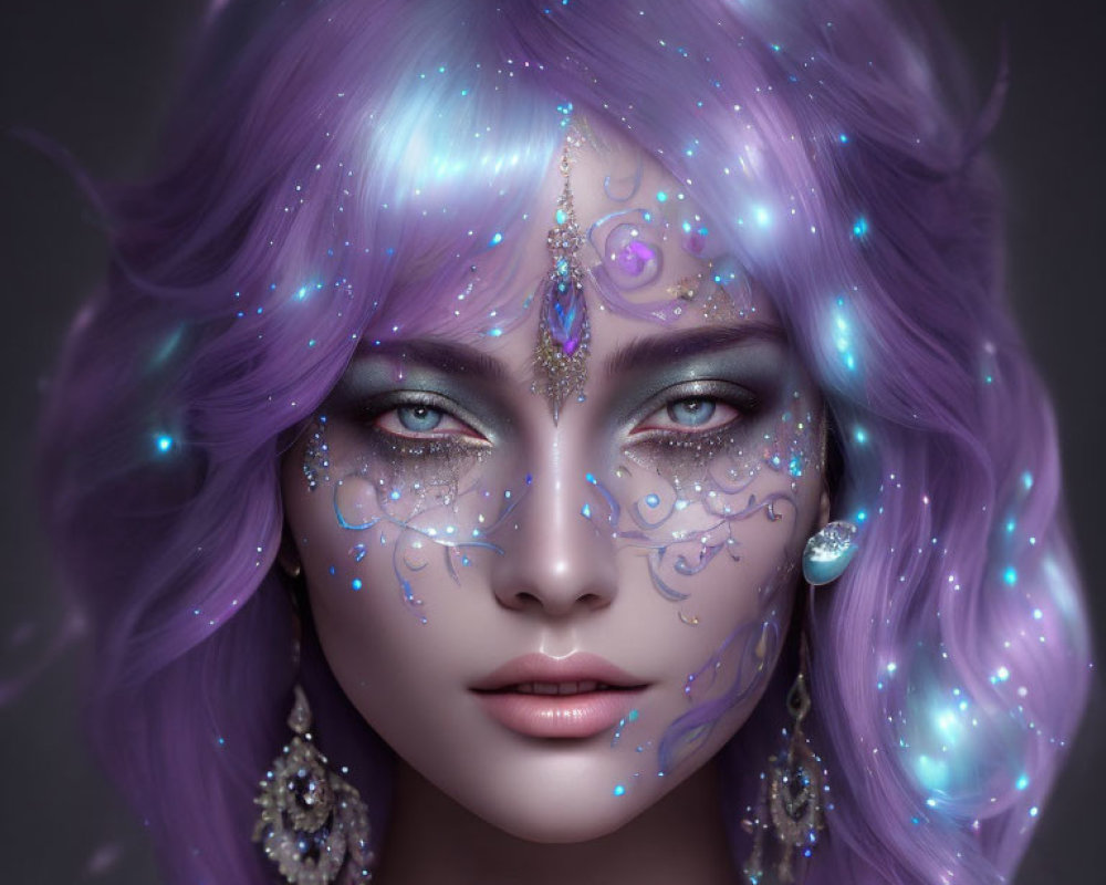 Mystical Woman with Purple Hair and Star-like Adornments