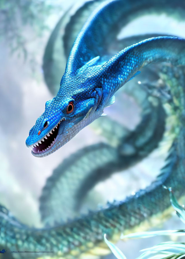 Vibrant blue dragon with orange eyes in foggy, green foliage.