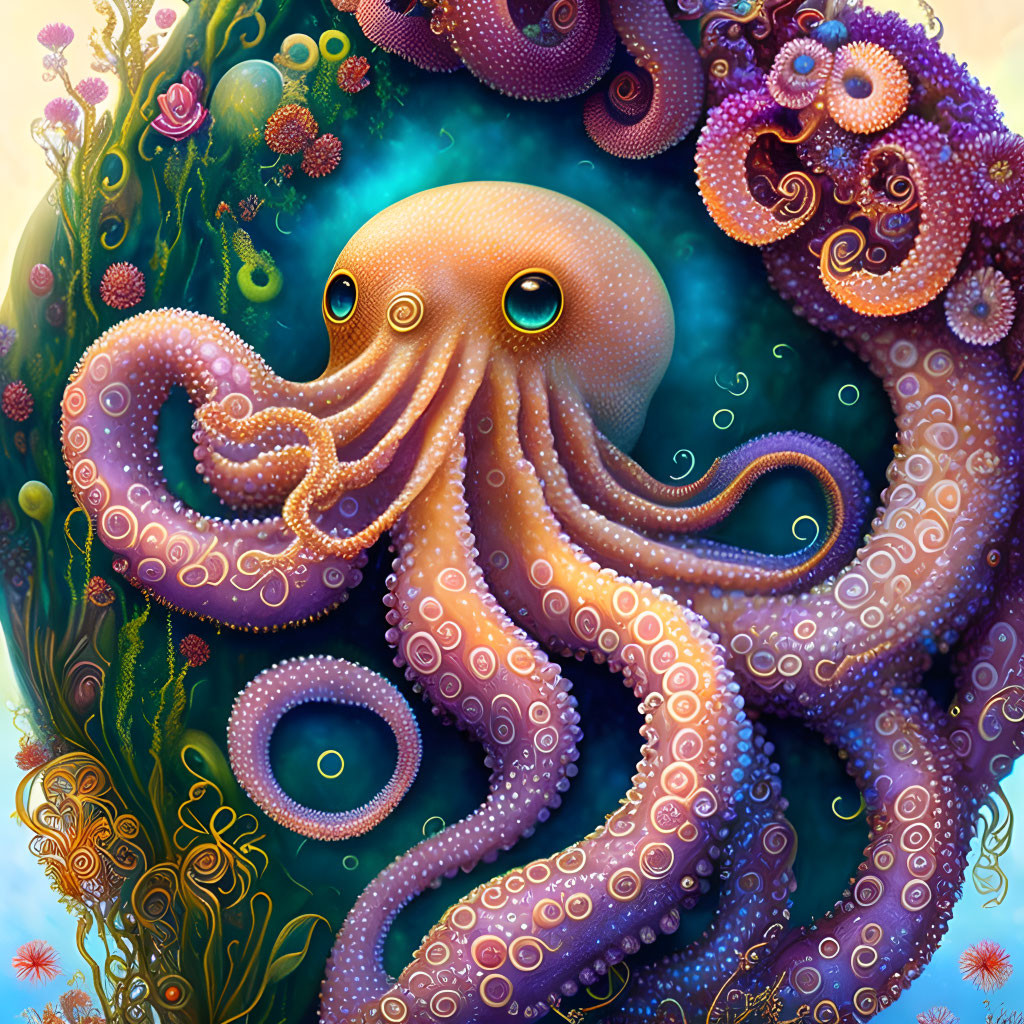 Colorful Octopus Illustration with Detailed Tentacles on Cosmic Floral Background