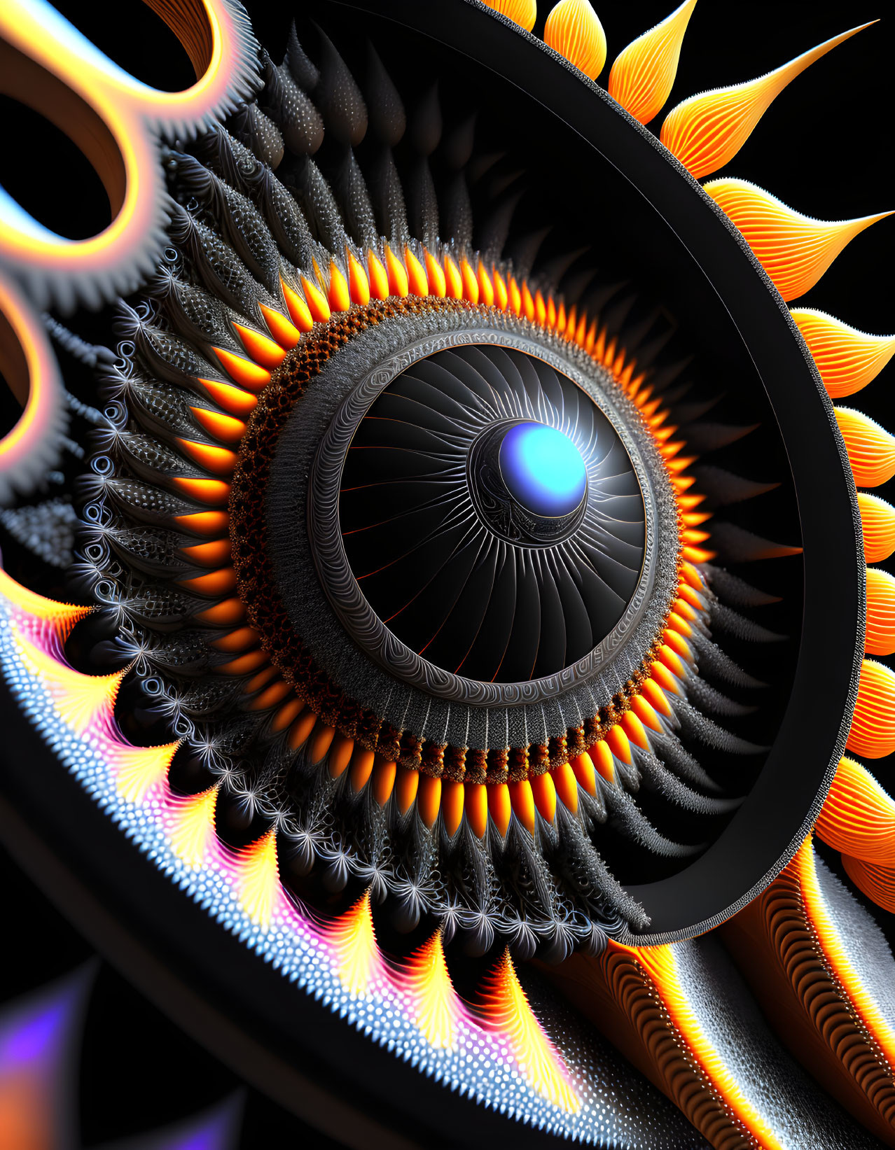 Intricate Fractal Design with Blue Orb and Orange-Yellow Spikes