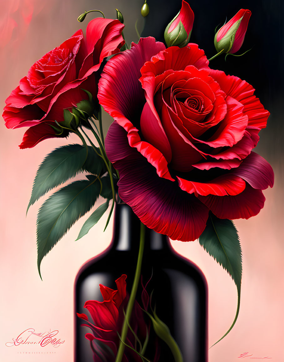 Detailed digital artwork: Red roses in dark bottle with droplets