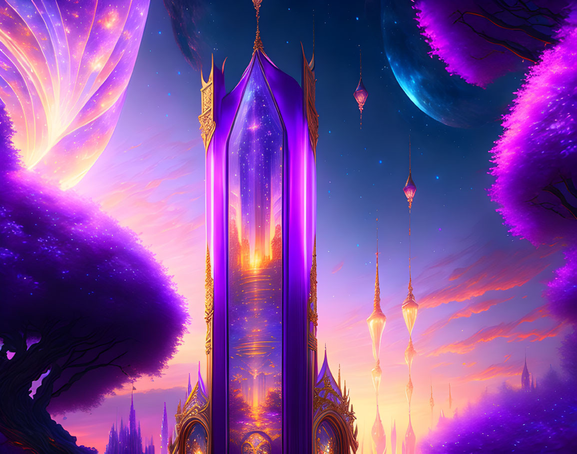 Purple Crystal Castle Surrounded by Violet Trees and Galactic Sky