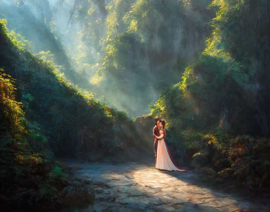 Couple embracing on misty forest path with sunlight and lush greenery