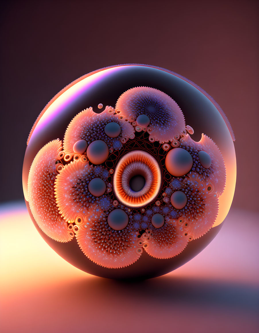 Fractal sphere with coral-like patterns and iridescent glow on warm gradient.