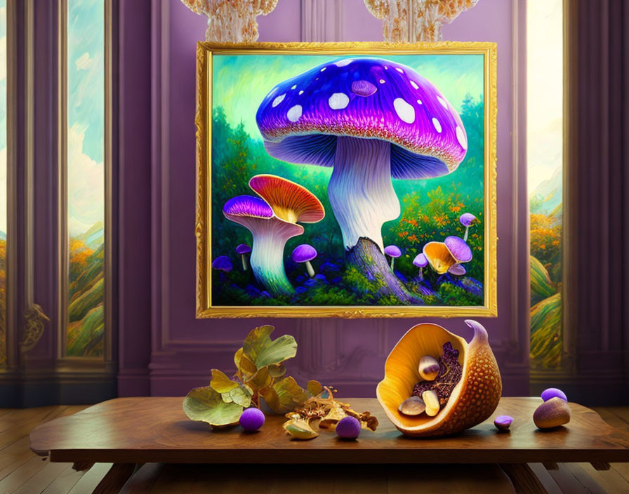 Colorful Oversized Mushroom Painting in Forest Setting with Nuts and Foliage Table Display