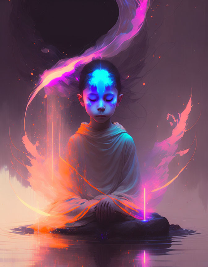 Child meditating in vibrant purple and orange swirls