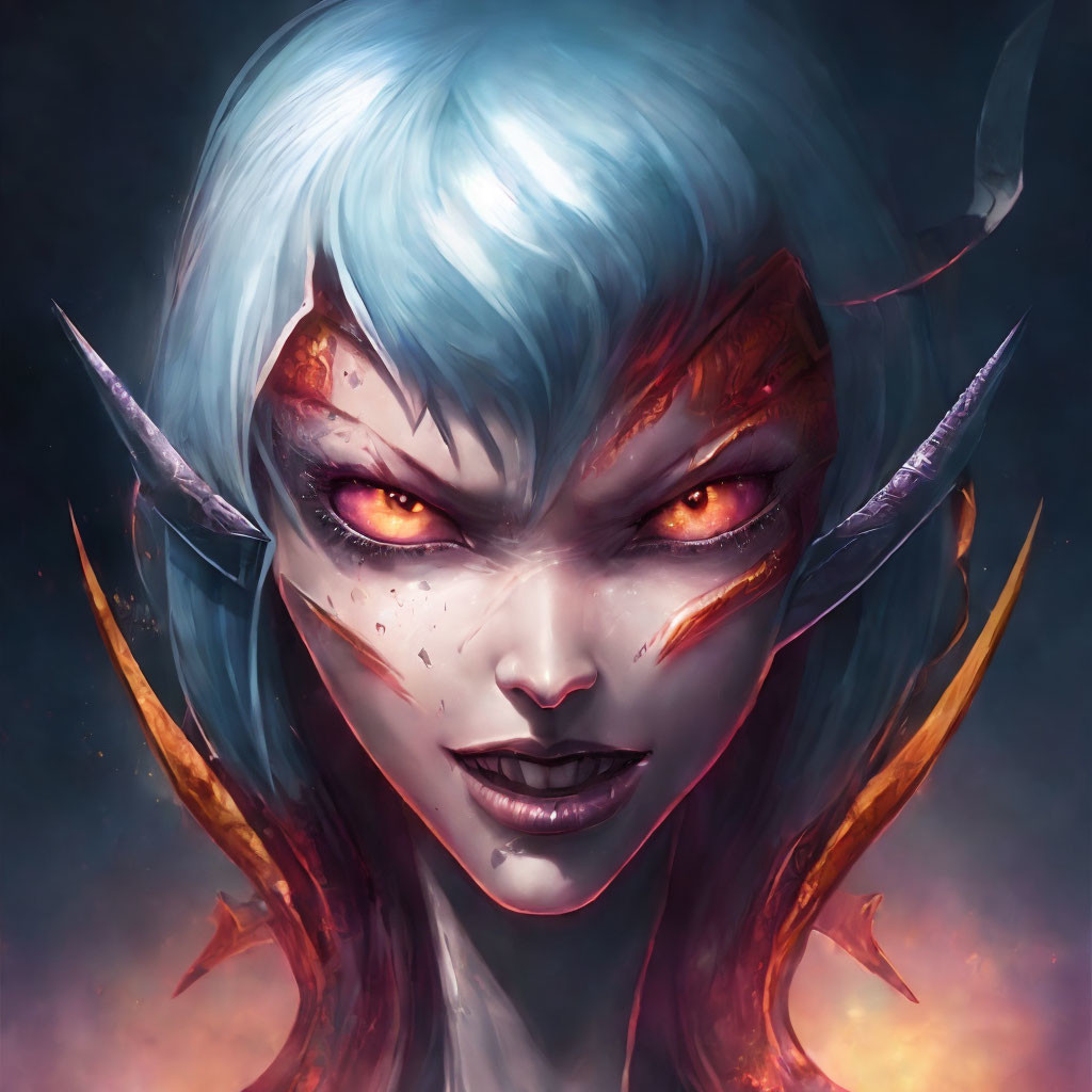 Fantasy Artwork: Female Character with Blue Hair and Glowing Red Eyes