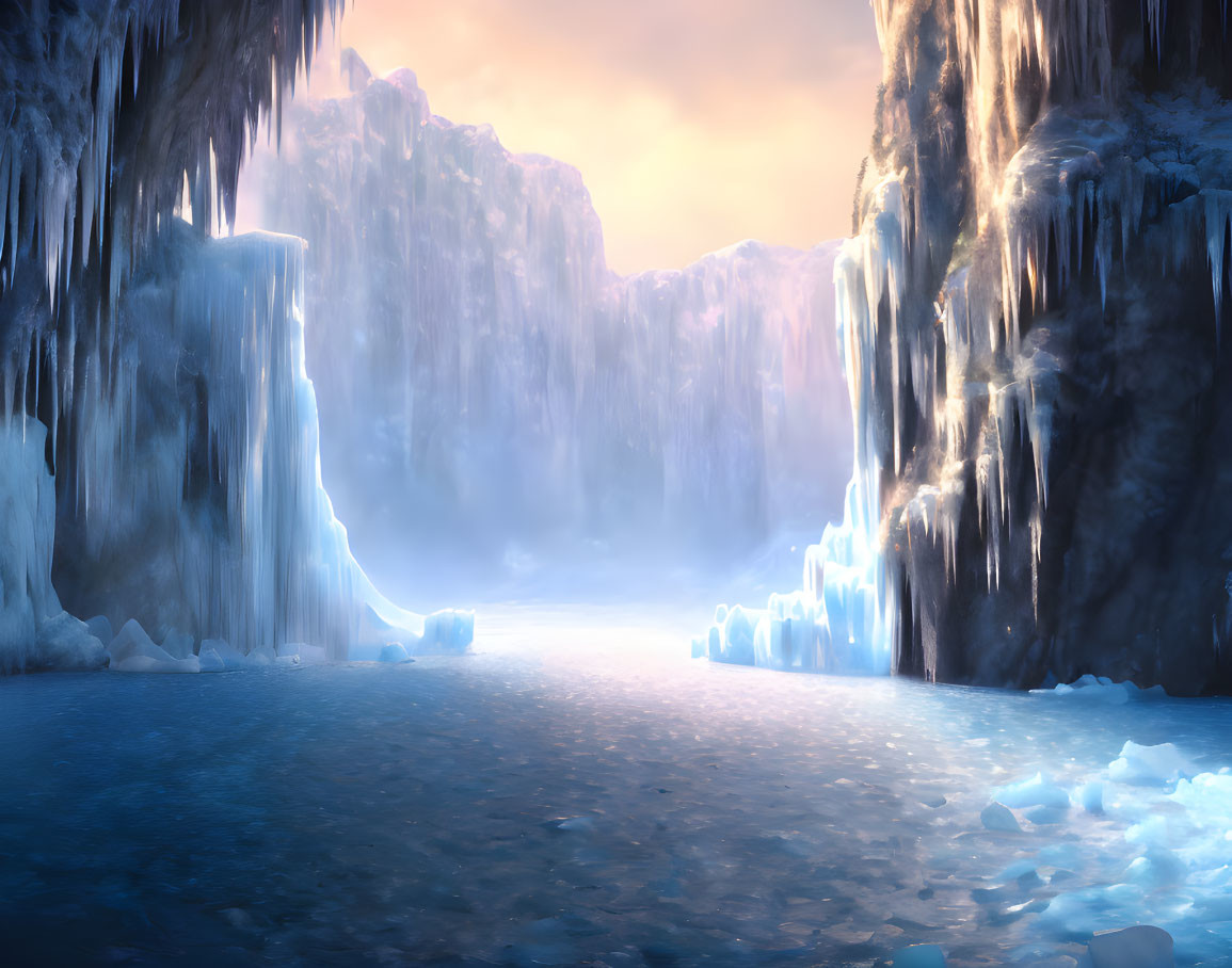 Icy Landscape with Pink Sky and Frozen Waterfalls