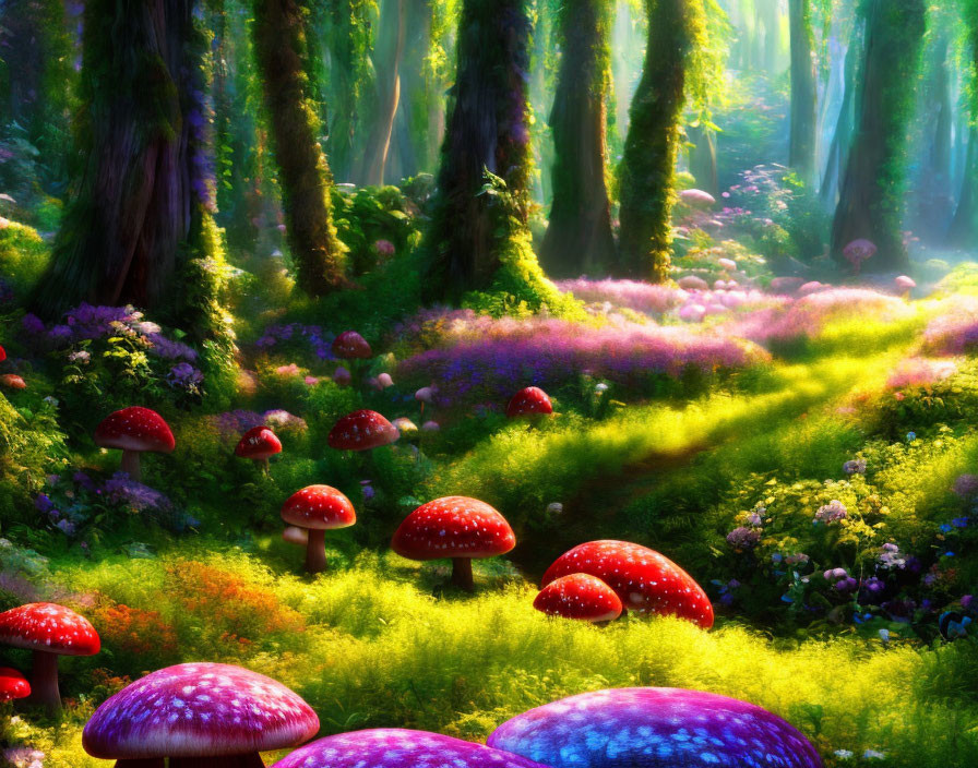 Sunlit Forest Floor with Red and Purple Mushrooms: Vibrant Flora Display