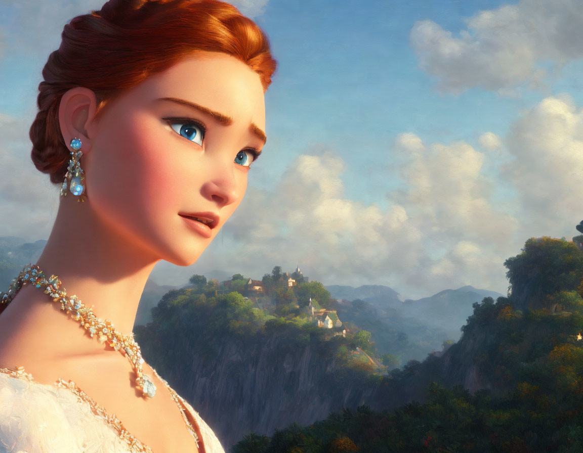 Animated red-haired woman with blue eyes wearing elegant jewelry in serene landscape