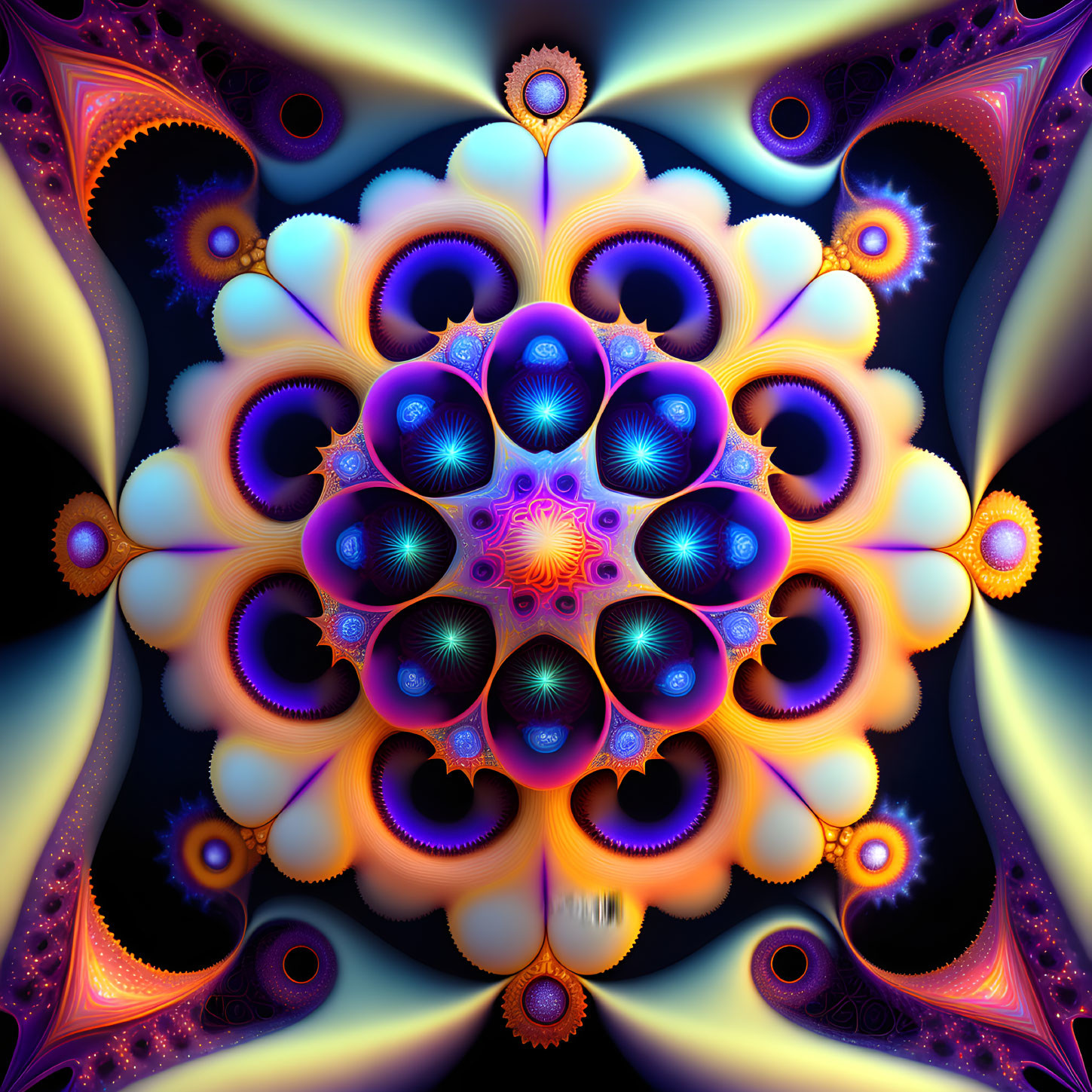 Symmetrical Blue, Purple, and Orange Fractal Patterns