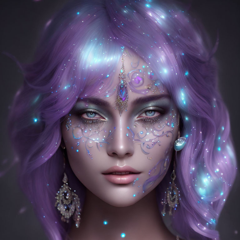 Mystical Woman with Purple Hair and Star-like Adornments