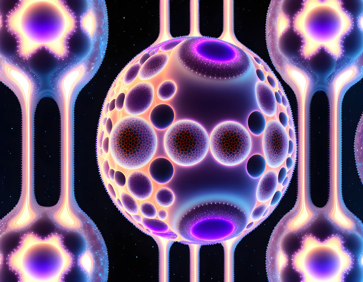 Digital abstract art: central honeycomb sphere surrounded by luminous shapes in starry space.