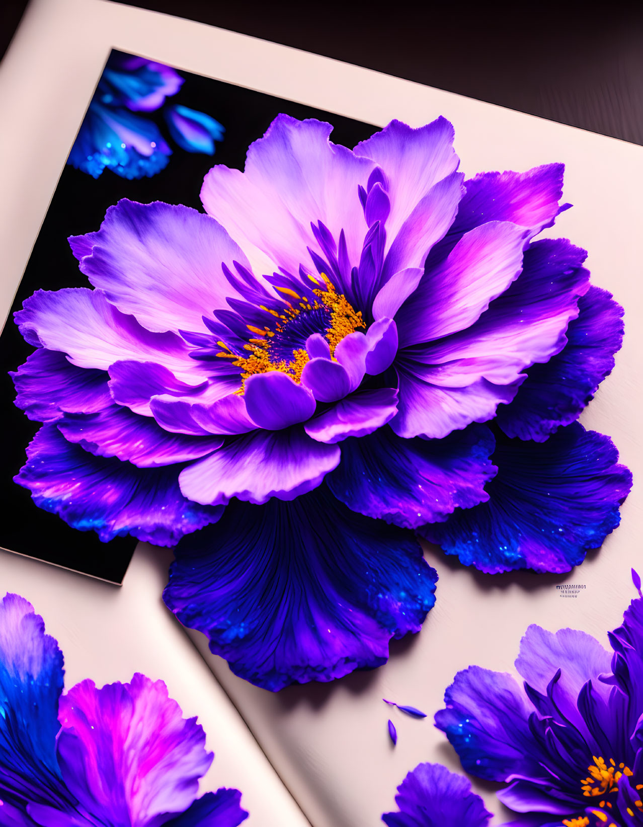 Close-up Purple Flowers with Blue Highlights on Printed Medium