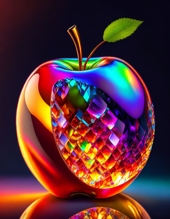 Vibrant crystal-cut apple with green leaf on dark background