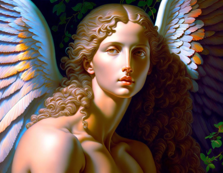 Serene angelic figure with white wings and curly hair in dark foliage