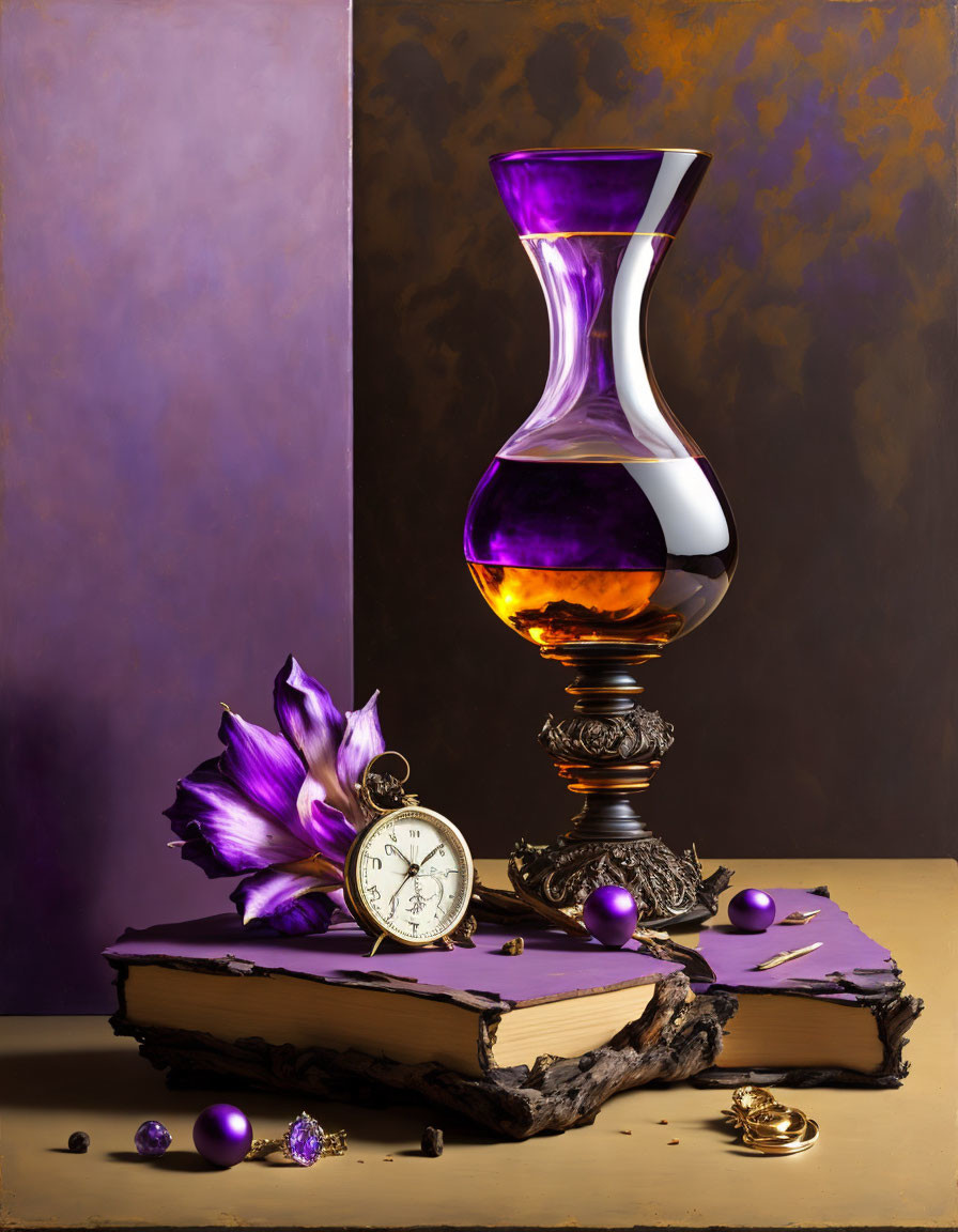 Purple Glass Vase, Open Book, Pocket Watch, Flowers, and Baubles Still Life Composition