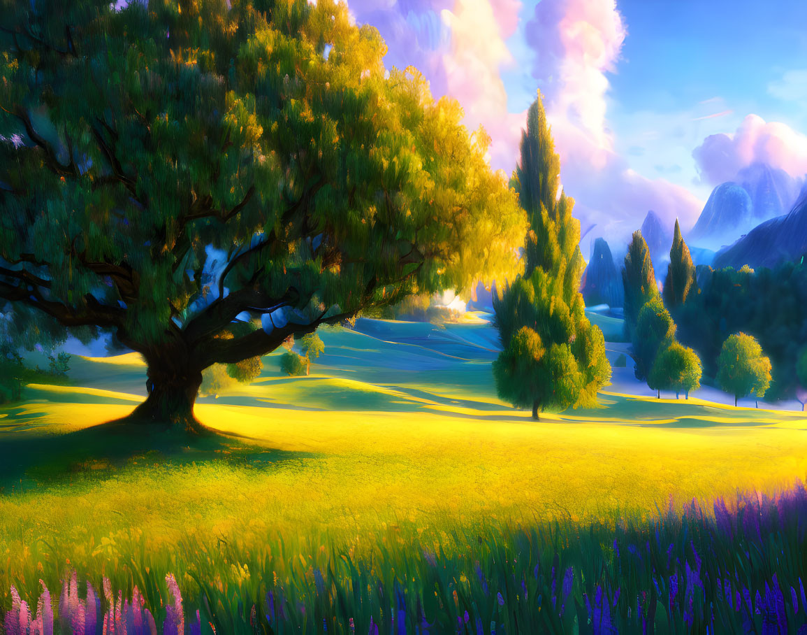 Majestic tree in vibrant landscape with mountains and colorful flowers