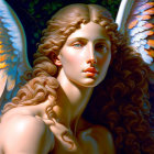 Serene angelic figure with white wings and curly hair in dark foliage