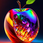 Vibrant crystal-cut apple with green leaf on dark background