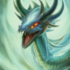 Blue dragon with multiple horns and orange eyes in misty green clouds