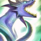 Blue dragon with sharp horns and gleaming eyes roaring in green cloud backdrop