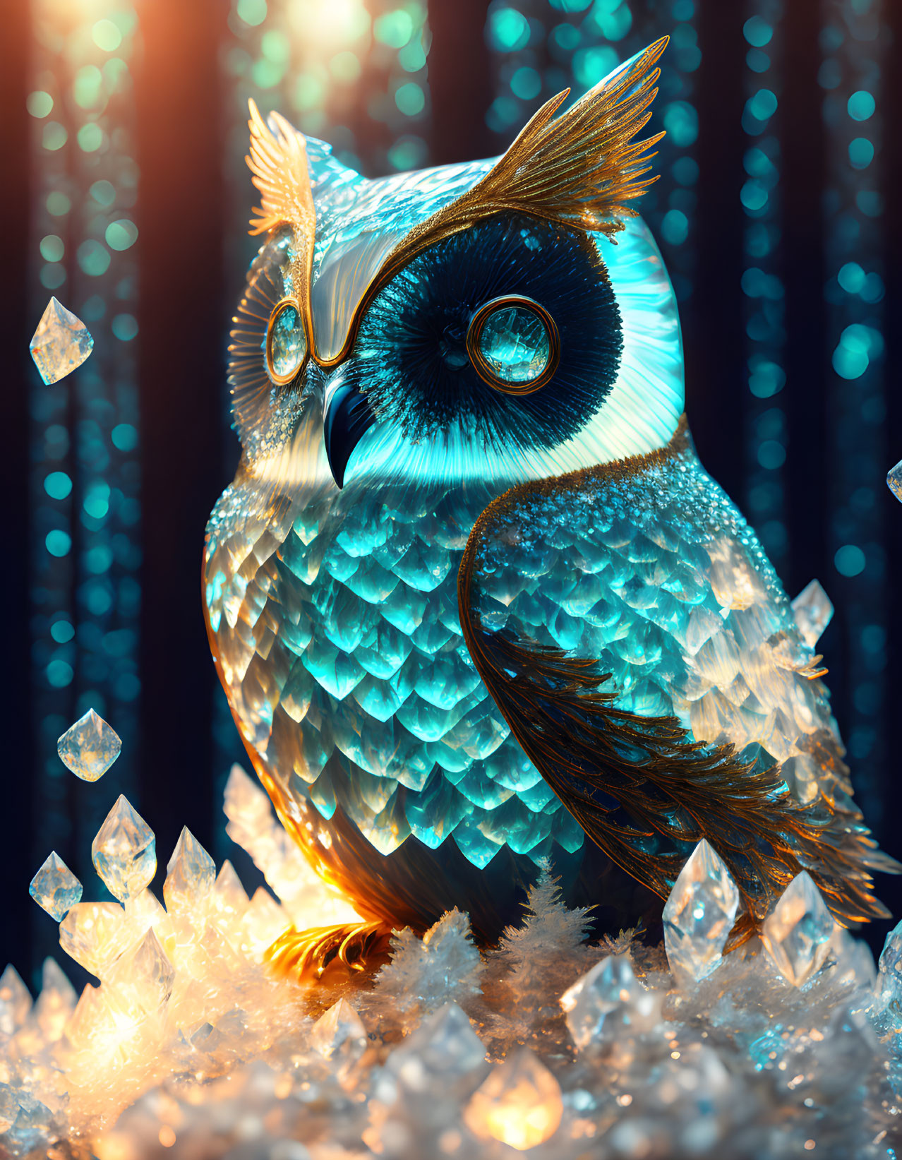 Vibrant blue feathered owl amid crystals and intricate light.