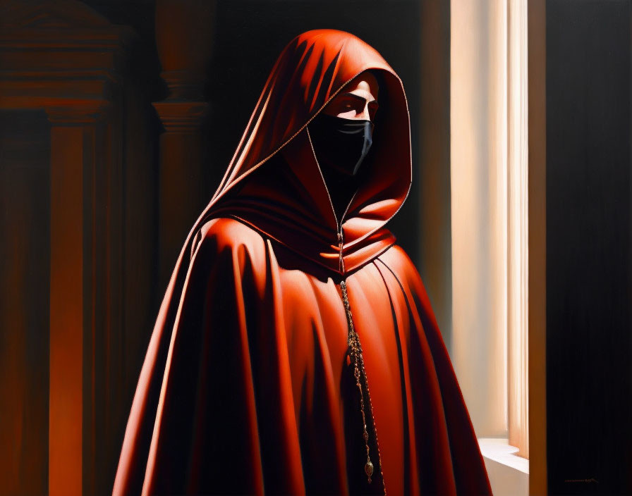 Person in Red Cloak with Black Mask Near Column in Contrasting Light