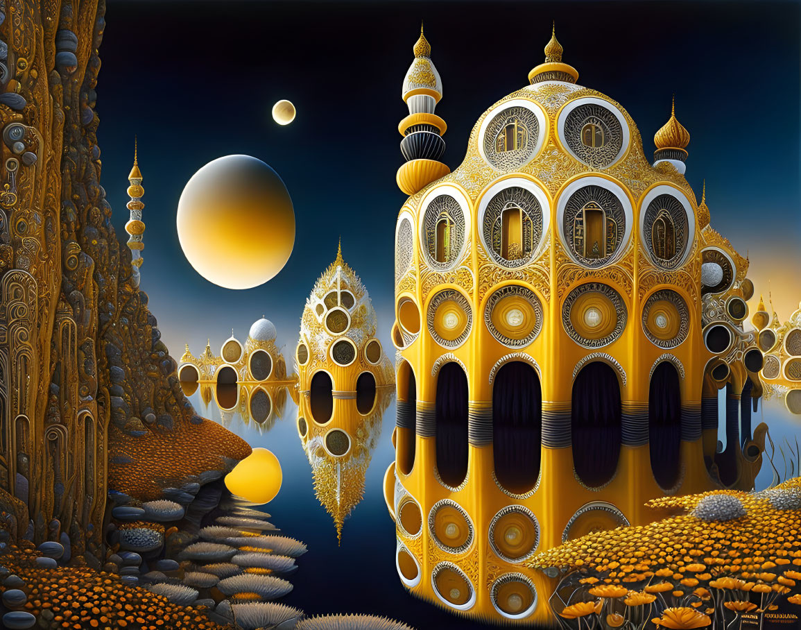 Fantastical Landscape with Golden Structures and Celestial Bodies