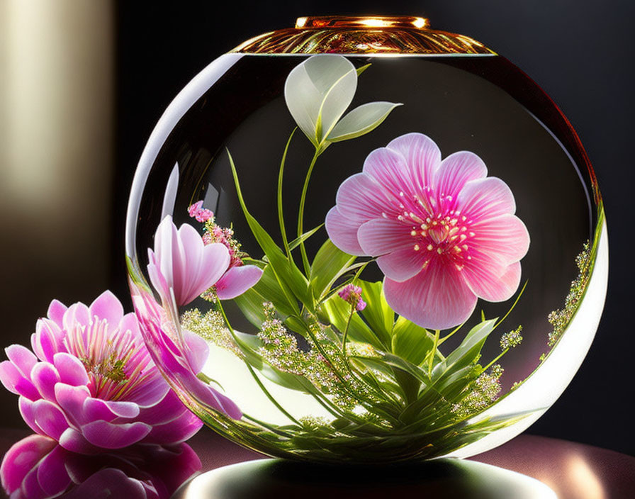 Crystal Paperweight with 3D Pink Floral Design and Real Flower