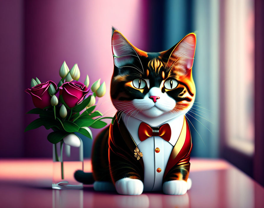 Illustrated cat in tuxedo with bow tie next to roses on pink background.