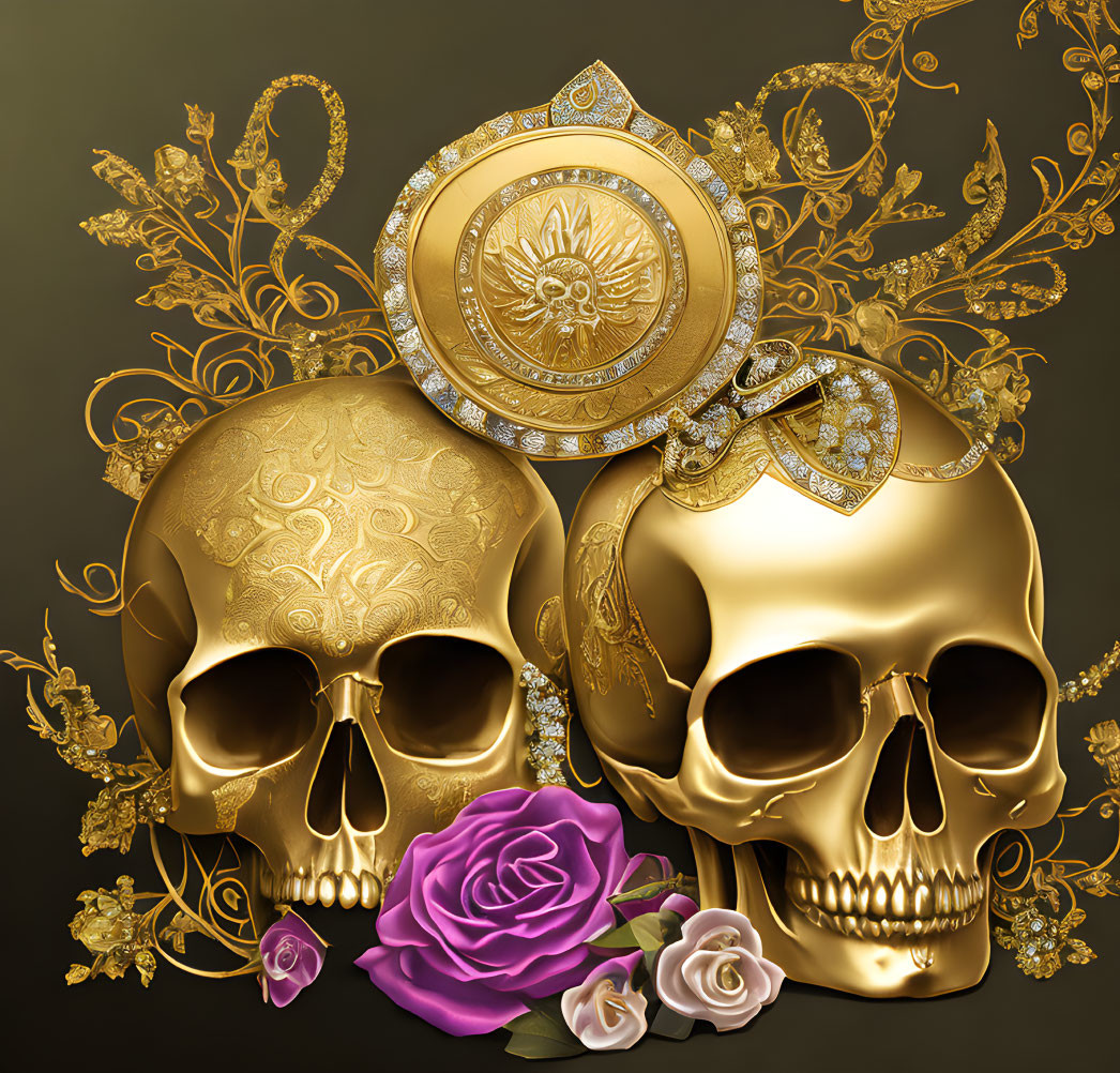 Ornate Golden Skulls with Floral Gold Filigree and Pink Rose