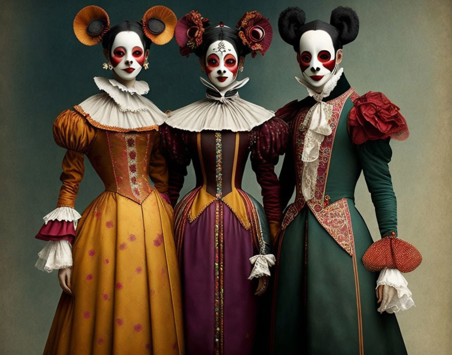 Three people in elaborate period costumes with white face paint and ornate clown-like makeup on a muted background