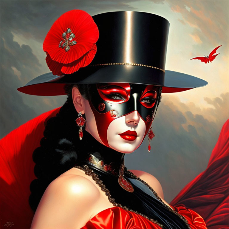 Woman in black and red theatrical outfit with top hat, mask, and bird.