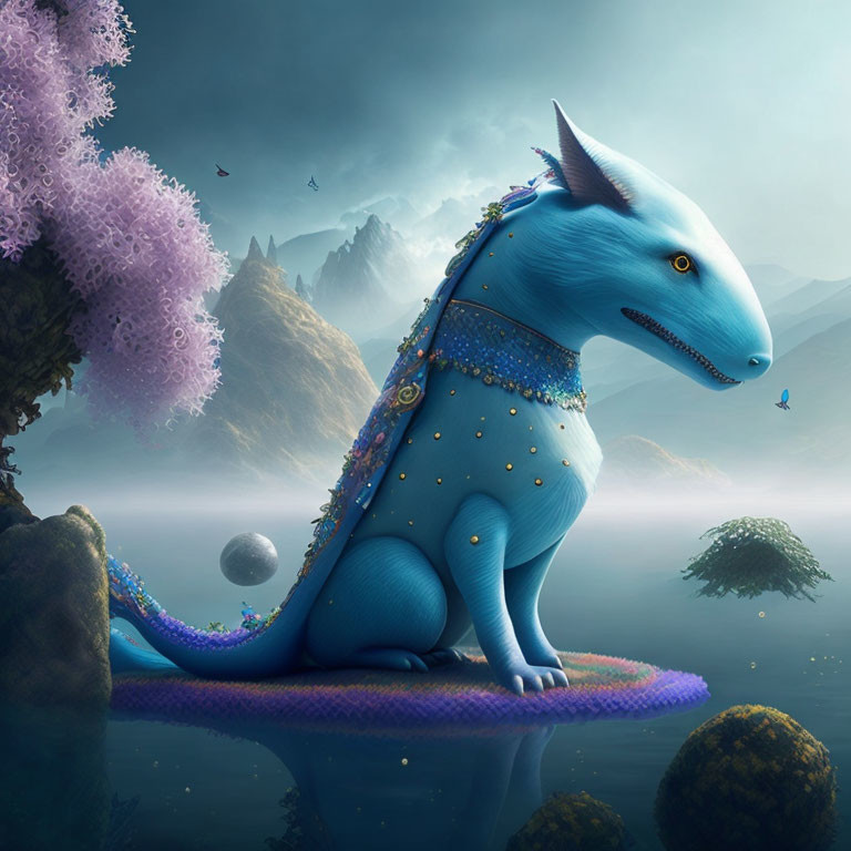 Blue Dragon with Gemstone Embellishments in Fantastical Landscape