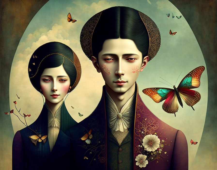 Ethereal couple in traditional attire with butterflies - Melancholic elegance